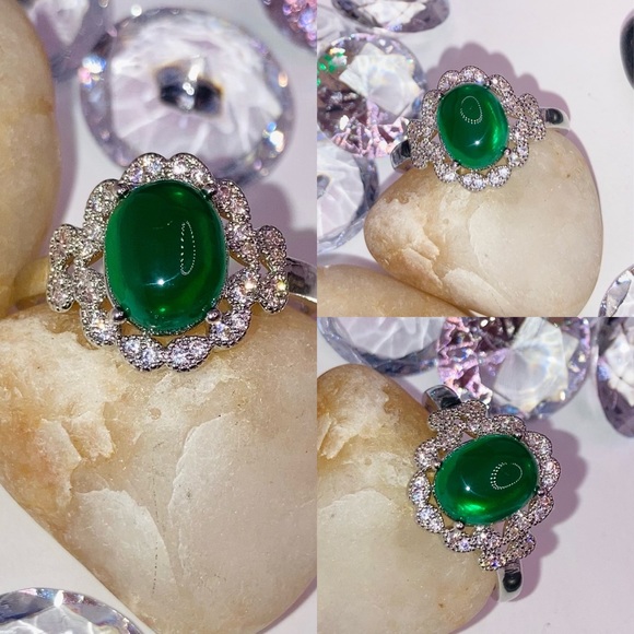 Art Deco Emerald Zircon Gemstone Micro Paved Halo Ring - Picture 4 of 6